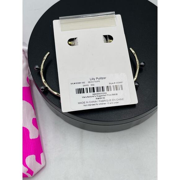 Lilly Pulitzer Large Gold Tone Bamboo like Gemma Onyx Pearl Hoop Earring New - Picture 8 of 9